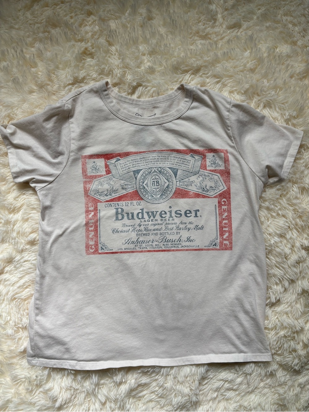 Budweiser Cream Baby Tee Vintage Label Graphic Womens L Fitted Crop Top